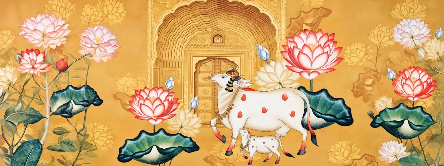 Traditional Indian lotus artwork with a sacred cow and calf before an ornate arch